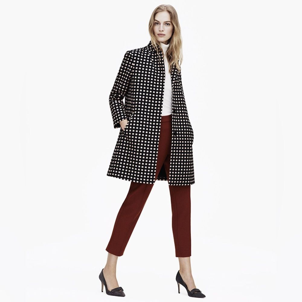 Ann Taylor Longline Checked Blazer Jacket - Beige/Navy/Black | Size XS